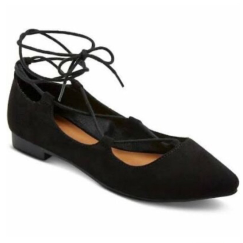 Candie's Black Suede Ballet Lace Up Ankle Tie Pointed Toe Flats Women's Size 8.5